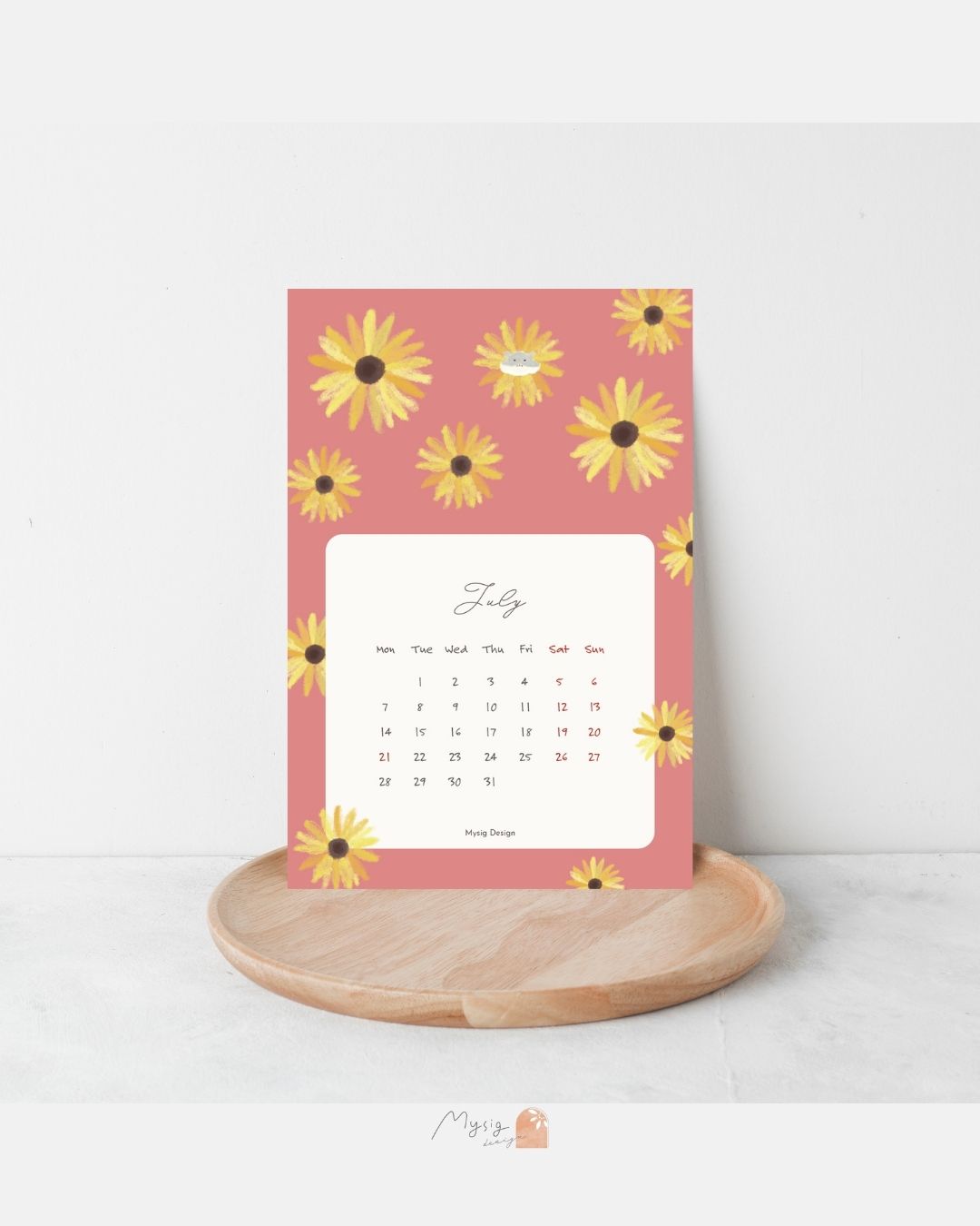 カレンダー 7月　ポストカード　イラスト　ひまわり