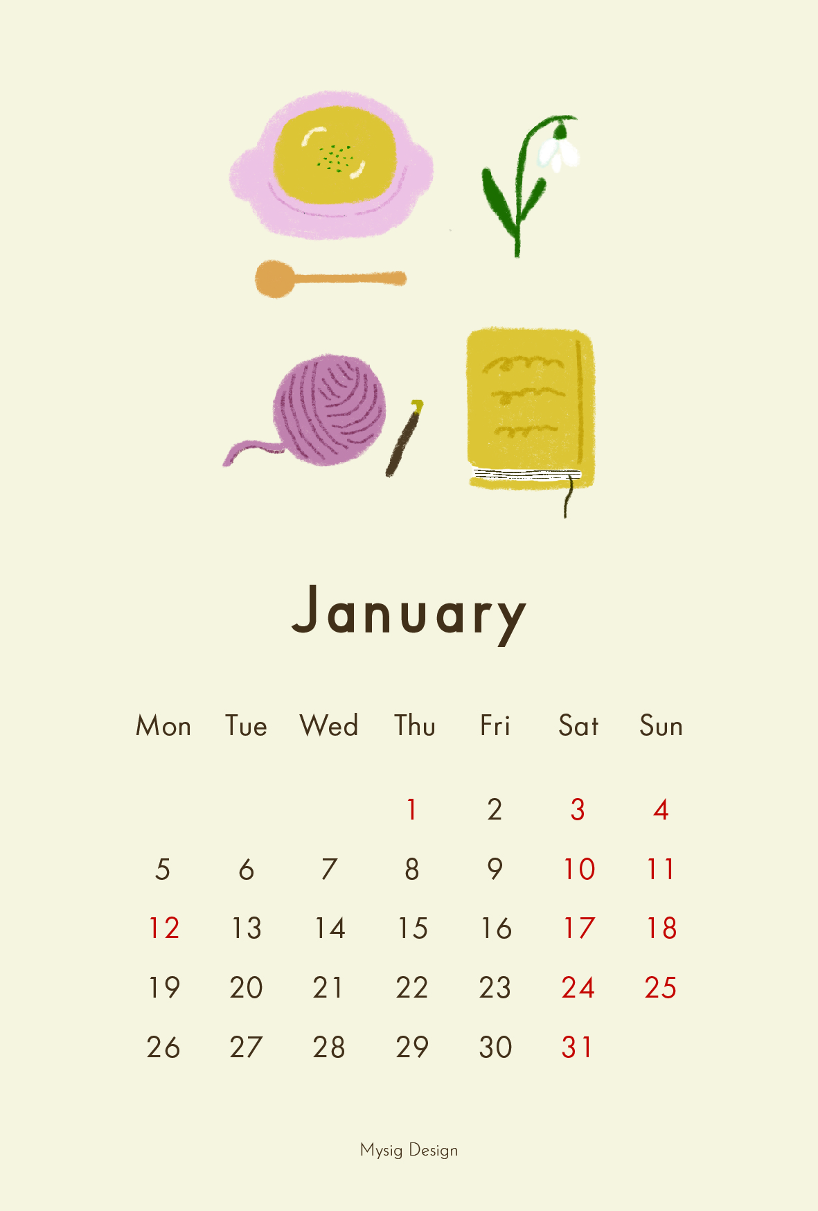 カレンダー　デザイン　制作　2026年　1月　イラスト